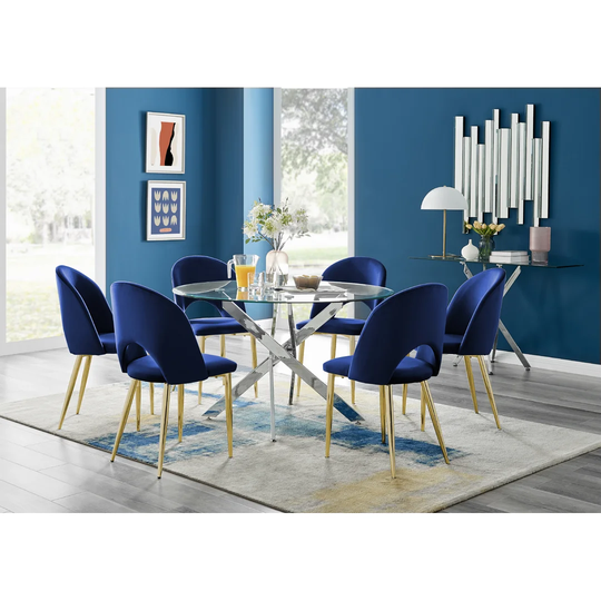 Novara 120Cm Round Glass Dining Table & 6 Blue Arlon Gold Leg Chairs