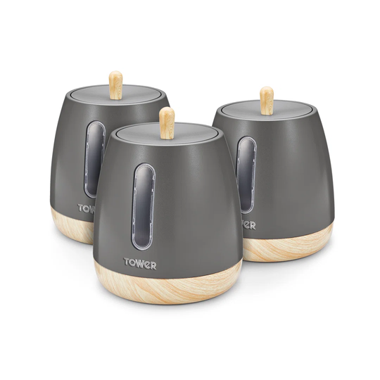 Tower T826031G Kitchen Storage Canisters, Scandi Range, Robust Plastic Body, Anti Slip Base, Matte with Wood Effect Accents, Grey, 3-Piece