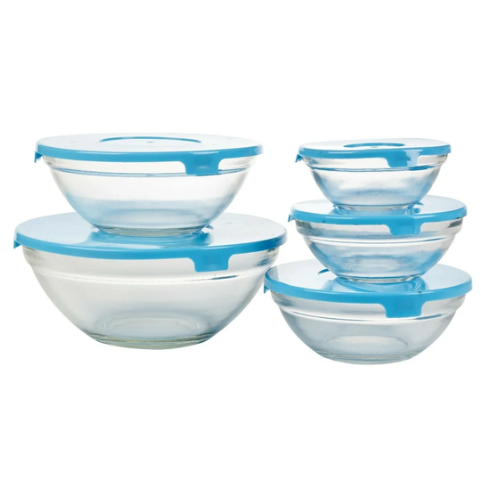 5Pc Glass Bowl Set With Coloured Lid Blue