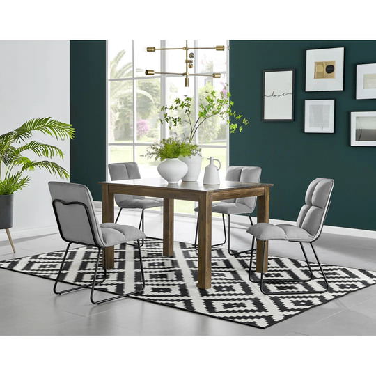 Anders Dark Walnut Solid Wood Dining Table & 4 Light Grey Menen Chairs