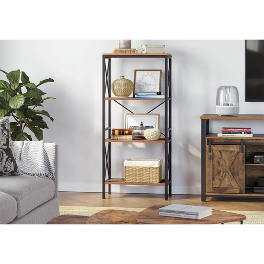 Bookshelf, Kitchen Shelf, Free Standing Shelf, Ladder Rack With 4 Open Shelves, For Corridor, Kitchen, Office, Stable Steel Frame, Industrial Style, R