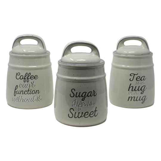 Set of Grey Tea Coffee Sugar Canisters Kitchen Ceramic Storage Jars With Lids