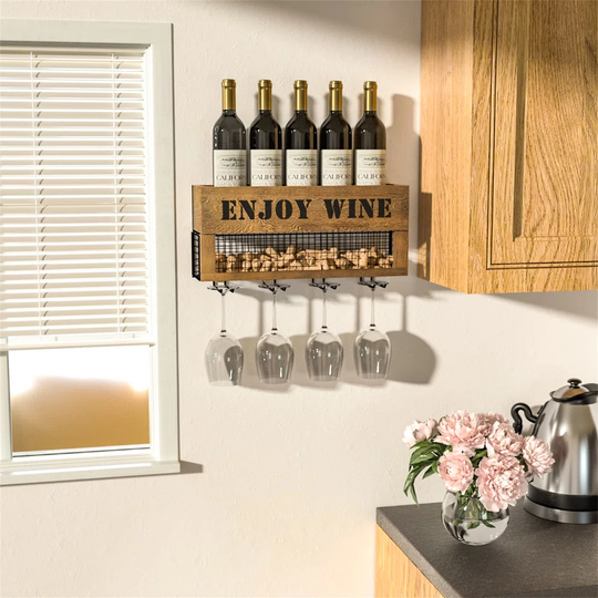 Colonie 5 Bottle Solid Wood Wall Mounted Wine Bottle and Glass Rack in Brown