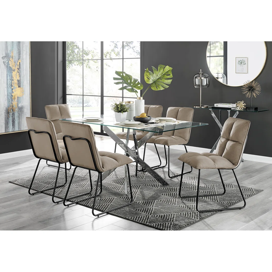 Leonardo Glass And Chrome Dining Table & 6 Taupe Menen Chairs