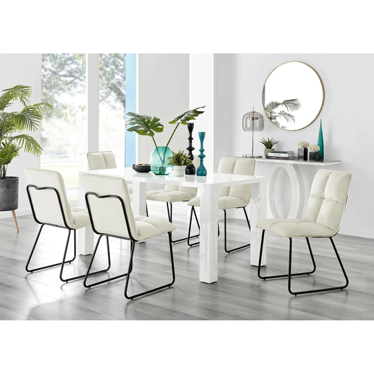 Pivero White High Gloss Dining Table & 6 Cream Menen Chairs