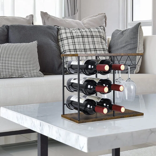 Countertop Wine Rack, Metal & Wood Freestanding Wine Storage Holder, 6 Bottles And 4 Glasses Stand, Perfect For Home Decor & Kitchen, Bar, Wine Cellar