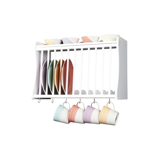 Minack White Wooden Kitchen Plate Rack, wall mounted shelf with hooks
