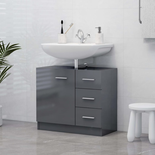 vidaXL Sink Cabinet High Gloss Grey Chipboard Cupboard Storage Rack Organiser