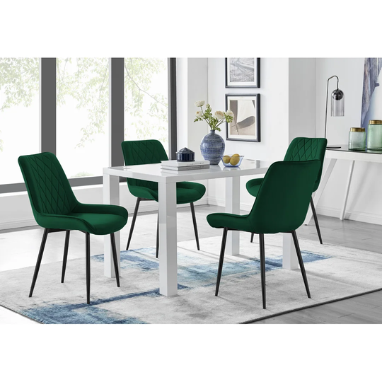 Pivero 4 White Dining Table And 4 Green Pesaro Black Leg Chairs