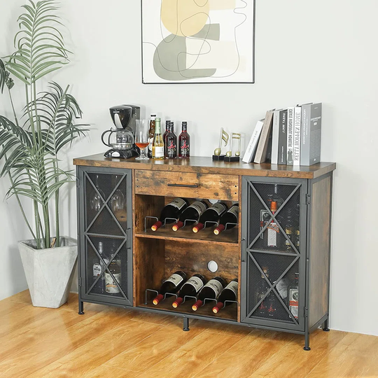 Wine Bar Cabinet With Wine Rack And Glass Holder, Farmhouse Coffee Bar Cabinet For Liquor And Glasses, Industrial Sideboard Buffet Cabinet With Drawer