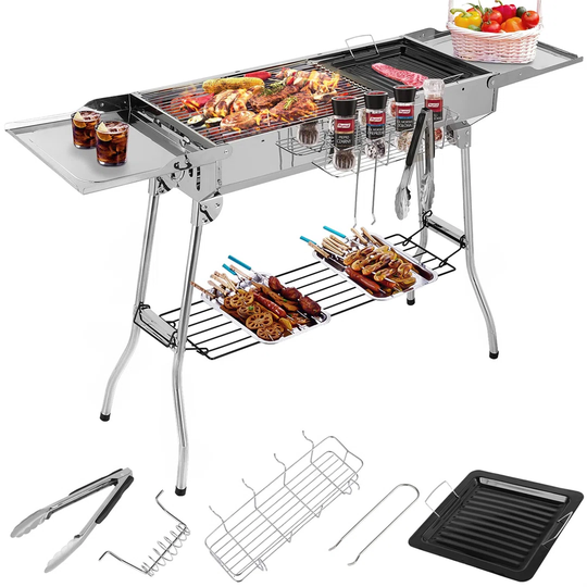 Charcoal Grill Stainless Steel (122 X 30 X 75 Cm), Portable Camping Grill, BBQ Grill With Double Folding Wings, Non-Stick Pan, Adjustable Ventilation