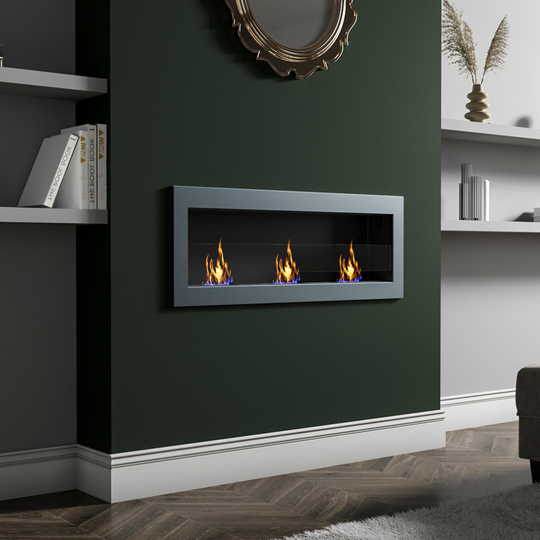 (120CM Anthracite) Indoor Wall Mounted Recessed Bio Ethanol Fireplace Realistic Flame
