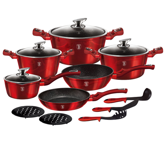 (Burgundy) 15 Pc Aluminium Non Stick Pots Pans Induction