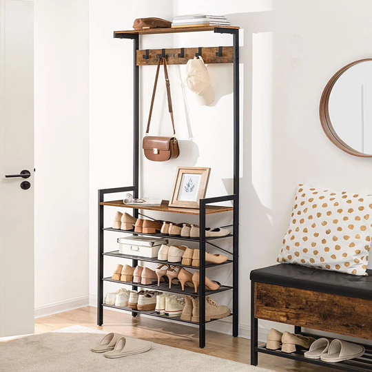 Coat Rack Stand, Hall Tree With 5 -Tier Shoe Storage Rack, Large Industrial Hall Stand, 5 Removable Hooks, Wood Accent Top Shelf, Entryway Storage She