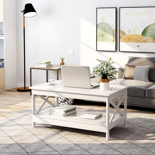 X Design Coffee Table Wood End Table With Storage Rack Black