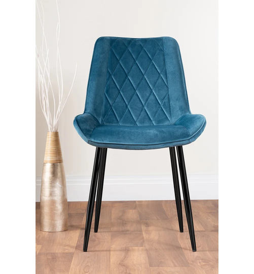 Novara Black Leg Round Glass Dining Table & 4 Blue Pesaro Black Leg Chairs