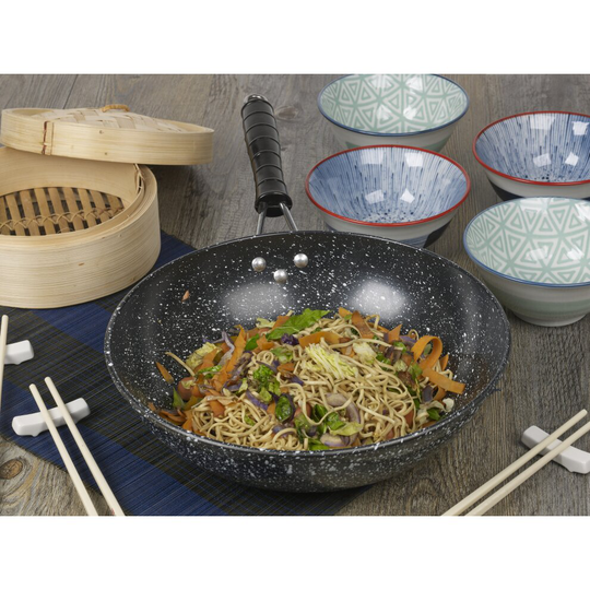 30cm 12" Black Marble Carbon Steel Wok Chinese Non Stick Frying Pan