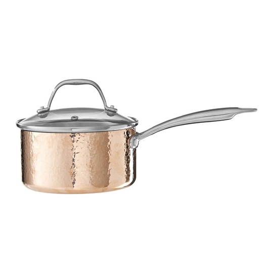 Belfry Kitchen Minerva Saucepan, Hammered Copper, Tri-Ply, Stainless Steel, Glass lid, 16cm