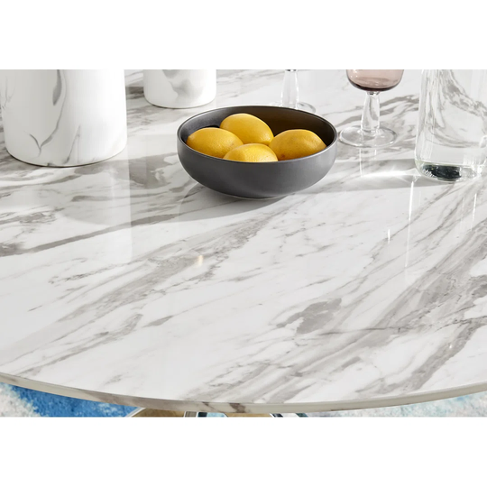 Novara White Marble 120Cm Round Dining Table & 6 Cappuccino Corona Silver Chairs