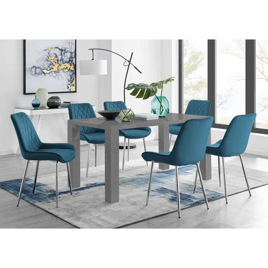 Pivero 6 Grey Dining Table And 6 Blue Pesaro Silver Leg Chairs
