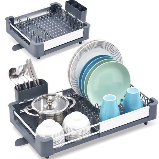 Expandable Dish Rack,Foldable Stainless Steel Dish Drainers With Removable Cutlery Holder & Non-Scratch Plate Rack, Adjustable Dish Drying Rack With S