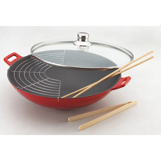 Azzurro 4 Piece 36cm Non-Stick Cast Iron Wok with Lid