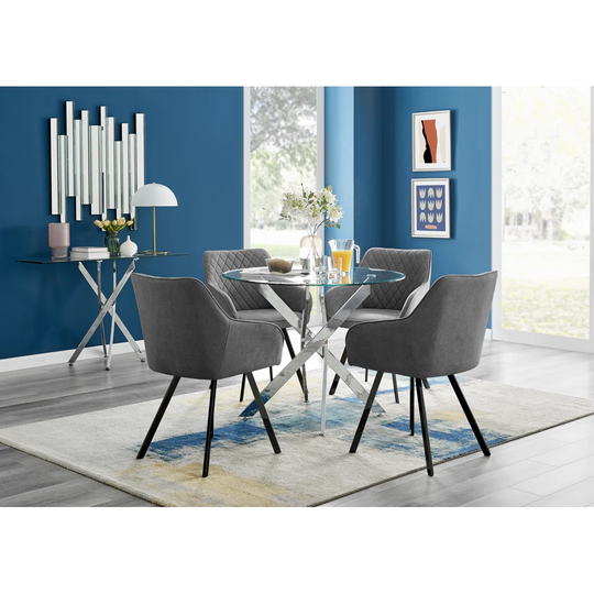 Novara Round Glass Dining Table & 4 Dark Grey Falun Black Leg Chairs
