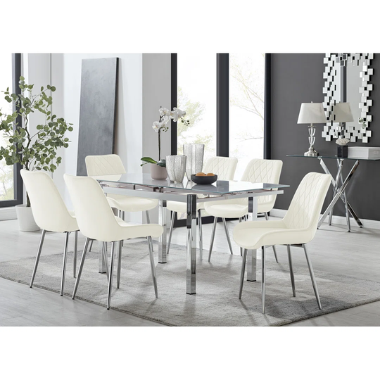Enna White Glass Extending Dining Table And 4 Cream Pesaro Silver Leg Chairs
