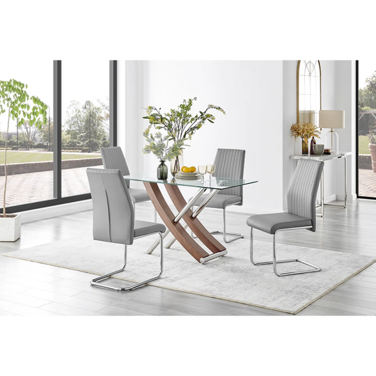 Mayfair Glass & Brown Wood Effect Dining Table & 4 Grey Lorenzo Chairs