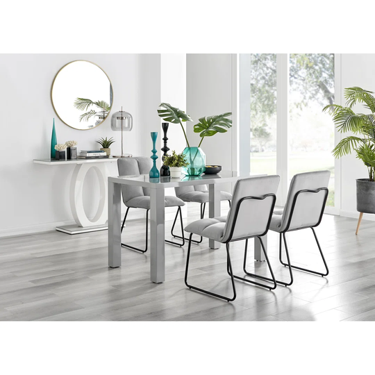 Pivero Grey High Gloss Dining Table & 4 Light Grey Menen Chairs
