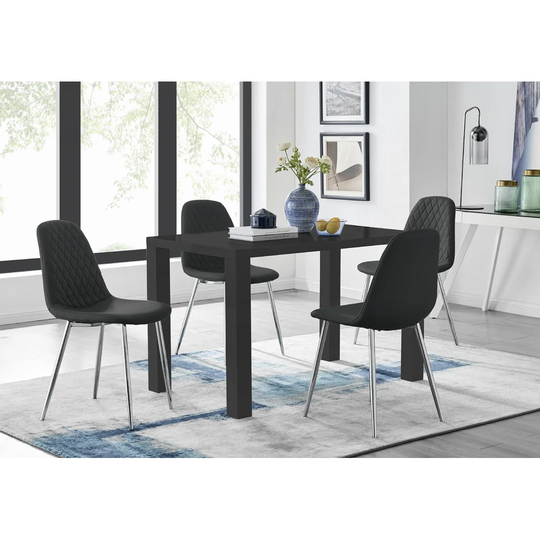 Pivero 4 Black Dining Table And 4 Black Corona Silver Leg Chairs