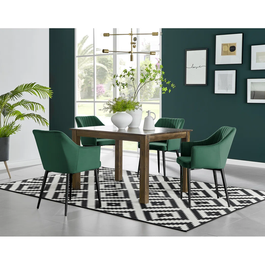 Anders Dark Walnut Solid Wood Dining Table & 4 Green Calla Black Leg Chairs