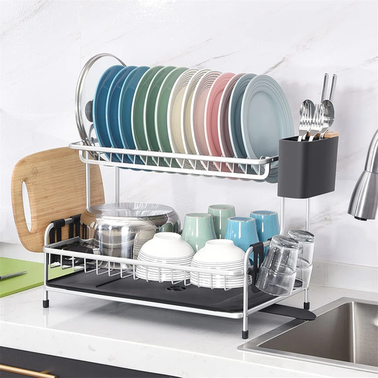 Aluminium Dish Rack, 2 Tier Dish Drainer,Large Capacity Dish Drying Rack With Stretchable Drip Tray,Removable Cup Holder,Utensil Holder With Bamboo Co