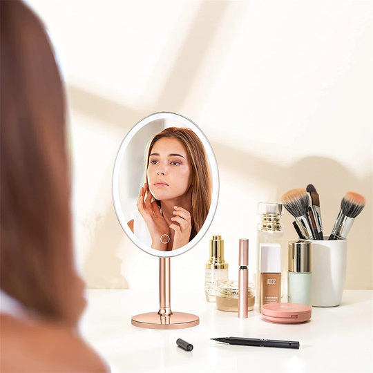 Rotherhithe Round Magnifying Lighted Metal Framed Freestanding Makeup / Shaving Mirror in Goal