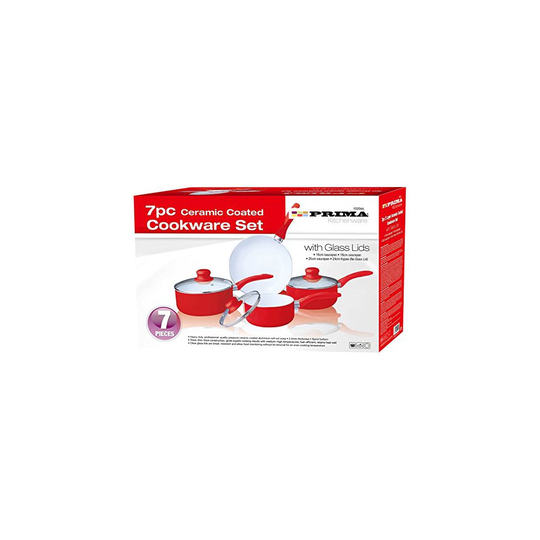 PRIMA Ceramic Coated Cookware Set, Set of 7, Red/ White