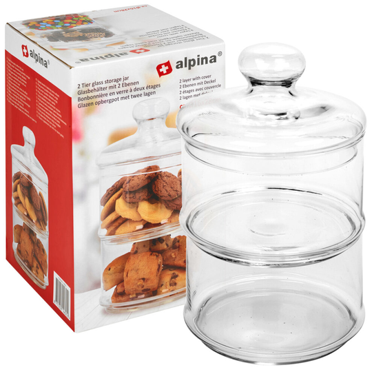 2 Tier Stackable Glass Cookie Jar Decorative Sweet Container With Lid