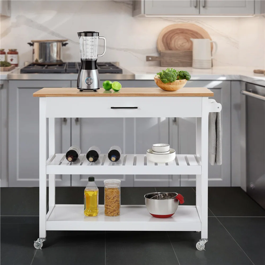 Kishara 101.5 Cm Solid Wood Kitchen Island with Locking Wheels