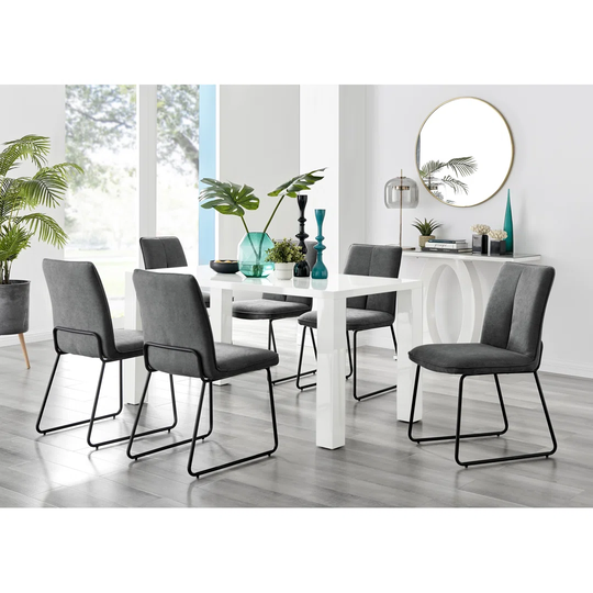 Pivero White High Gloss Dining Table & 6 Dark Grey Halle Chairs