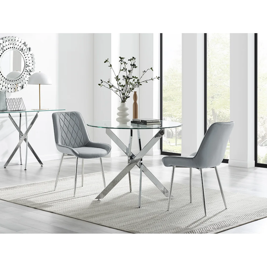 Novara 100Cm Round Dining Table And 2 Grey Pesaro Silver Leg Chairs