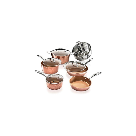 Gotham Steel Hammered Collection 10 Piece Premium Cookware Set with Triple Coated Nonstick Copper Surface, Oven, Stovetop & Dishwasher Safe