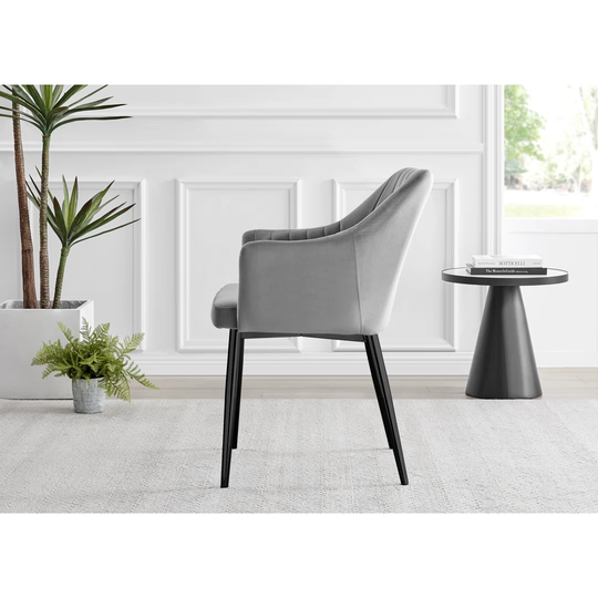 Novara 120Cm Round Glass Dining Table & 6 Grey Calla Black Leg Velvet Chairs