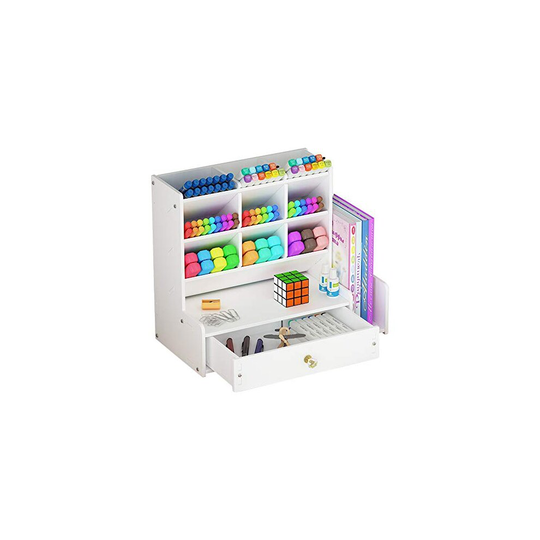 Desk Organizer with Drawer, White Large Capacity DIY Pen Holder Box, Desktop Stationary Storage Rack for Office, School and Home (White B)