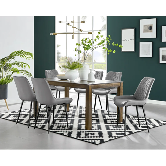 Anders Dark Walnut Solid Wood Dining Table & 6 Grey Pesaro Black Leg Chairs