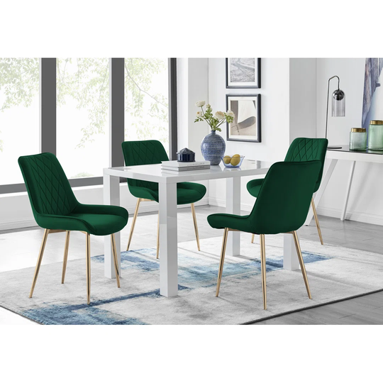 Pivero 4 White Dining Table And 4 Green Pesaro Gold Leg Chairs