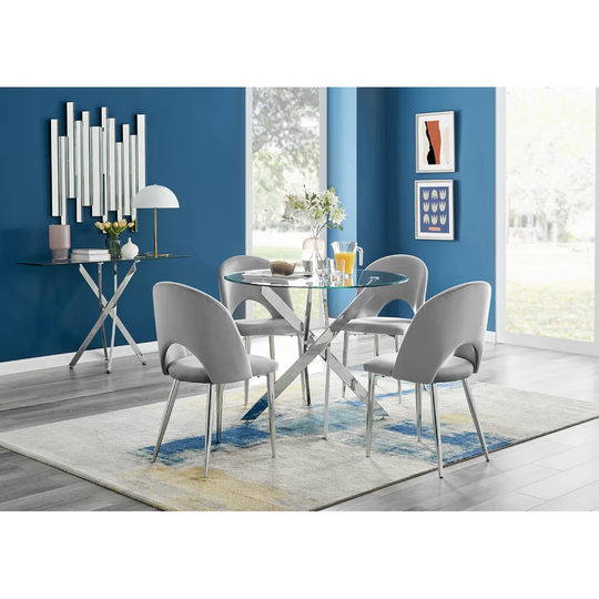 Novara 120Cm Round Glass Dining Table & 4 Grey Arlon Silver Leg Chairs