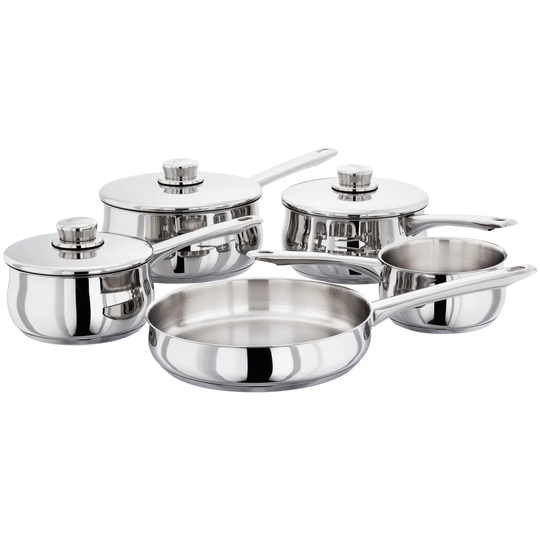 Stellar 1000 Set of 5 Stainless Steel Deep Saucepans, 14/16/18/20cm Pans with 24cm Non-Stick Fry