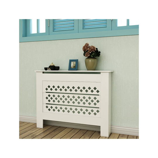 (Rhombic Diamond, Medium - 109*19*82) Radiator Cover White Modern Traditional Wood Grill Shelf Cabinet Furniture Horizontal