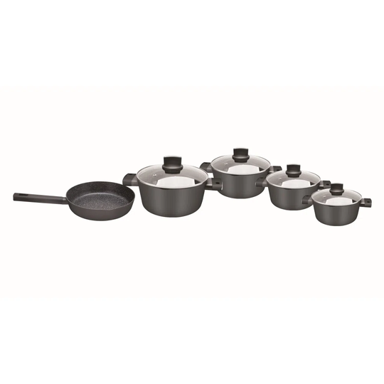 Set Of Pots With 9 Pieces, Zilan ZLN0942 Black, Covered In Marble, Soft Touch Handles
