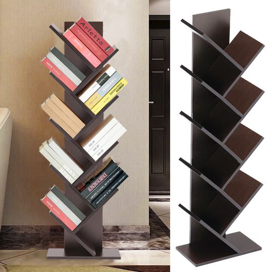 (Black Walnut, 9 Tier) Tree Bookshelf Wood Display Shelf Organiser Storage Rack Freestanding