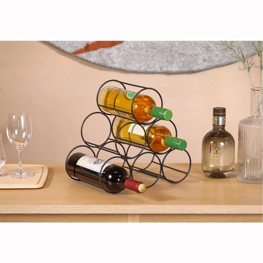 Rings Metal Wine Rack, Countertop Geometric Wine Holder 6 Bottle, Black